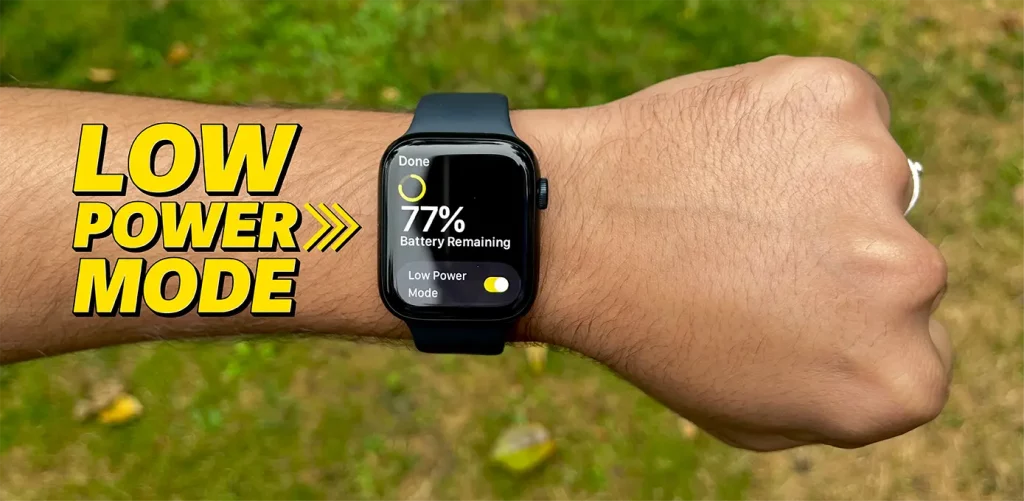 Image showing a hand with Apple Watch Series 8. Low power mode settings menu opened on the screen