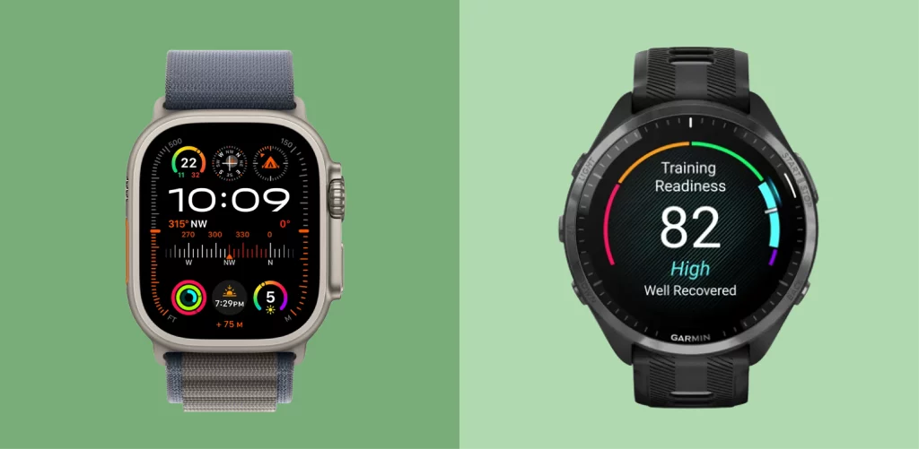 Apple Watch Ultra 2 Left vs Garmin Forerunner 965 right