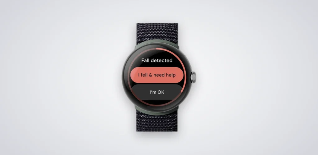 Google Pixel Watch displayed straight on with a grainy color background
